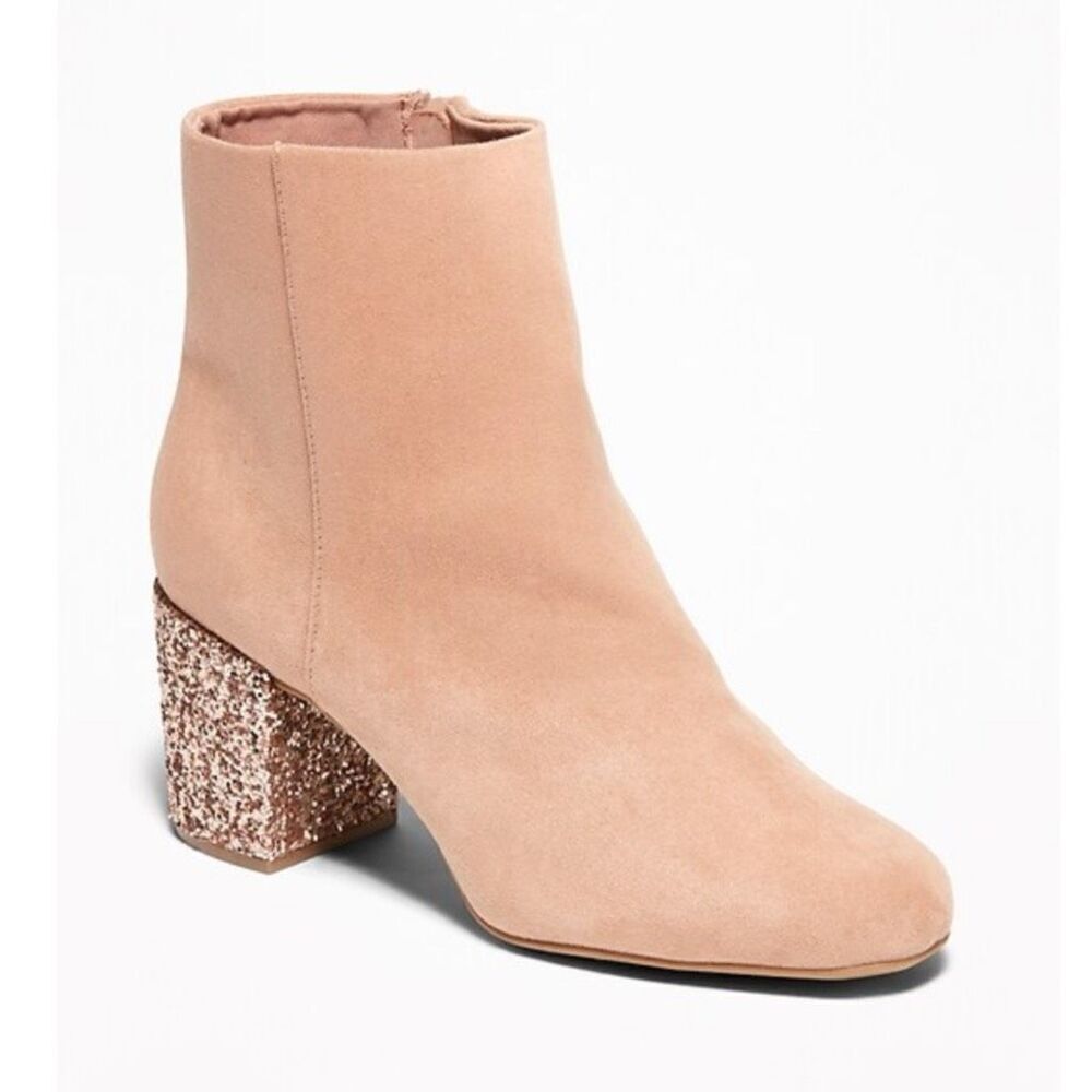 Old Navy Women's Faux Suede Glitter Block Heel Ankle Bootie Blush Pink Size 8